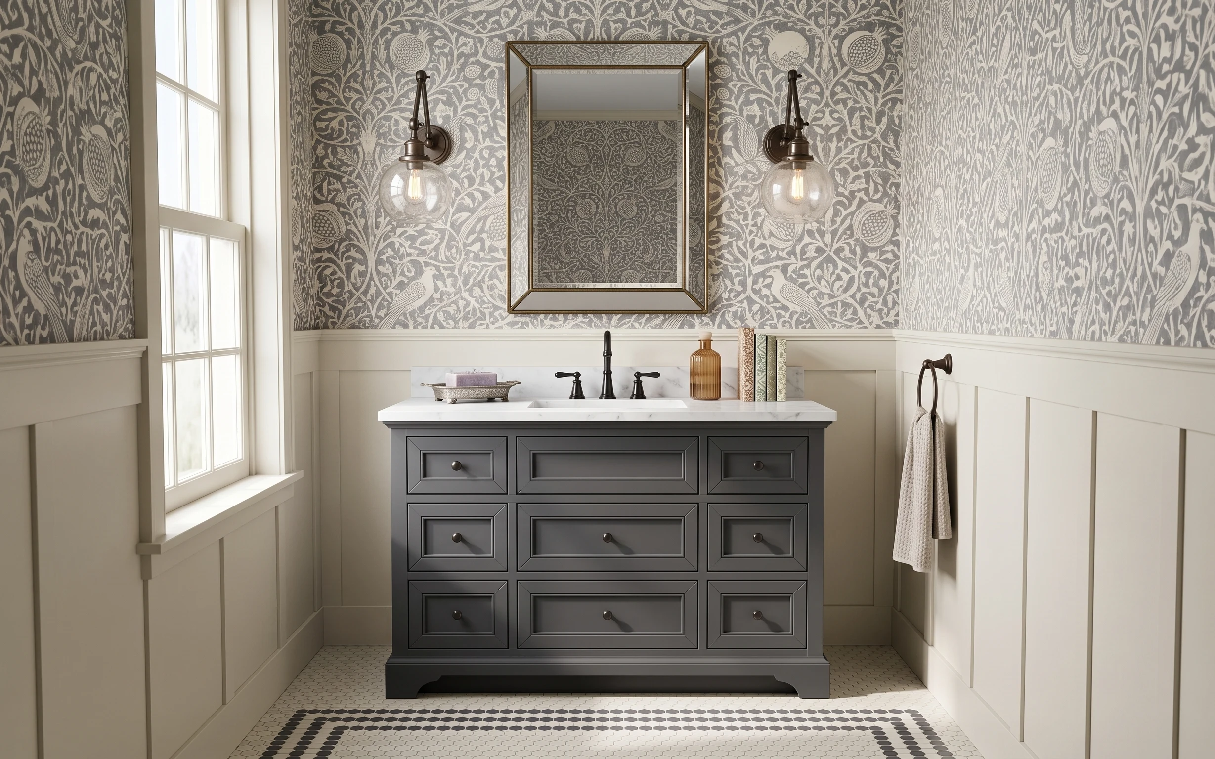 Gray patterned wallpaper bathroom with vanity cabinet, framed mirror, warm glass wall sconces, and hanging hand towel