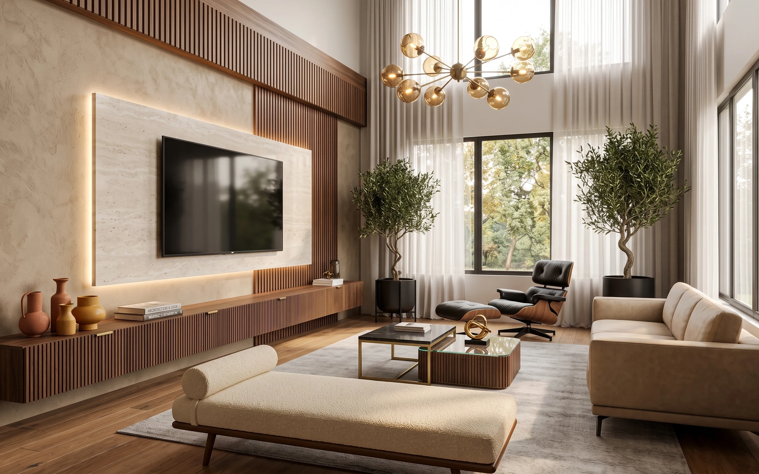 Modern living room with beige sofa, glass coffee table, gold globe chandelier, sheer curtains, and tall potted trees