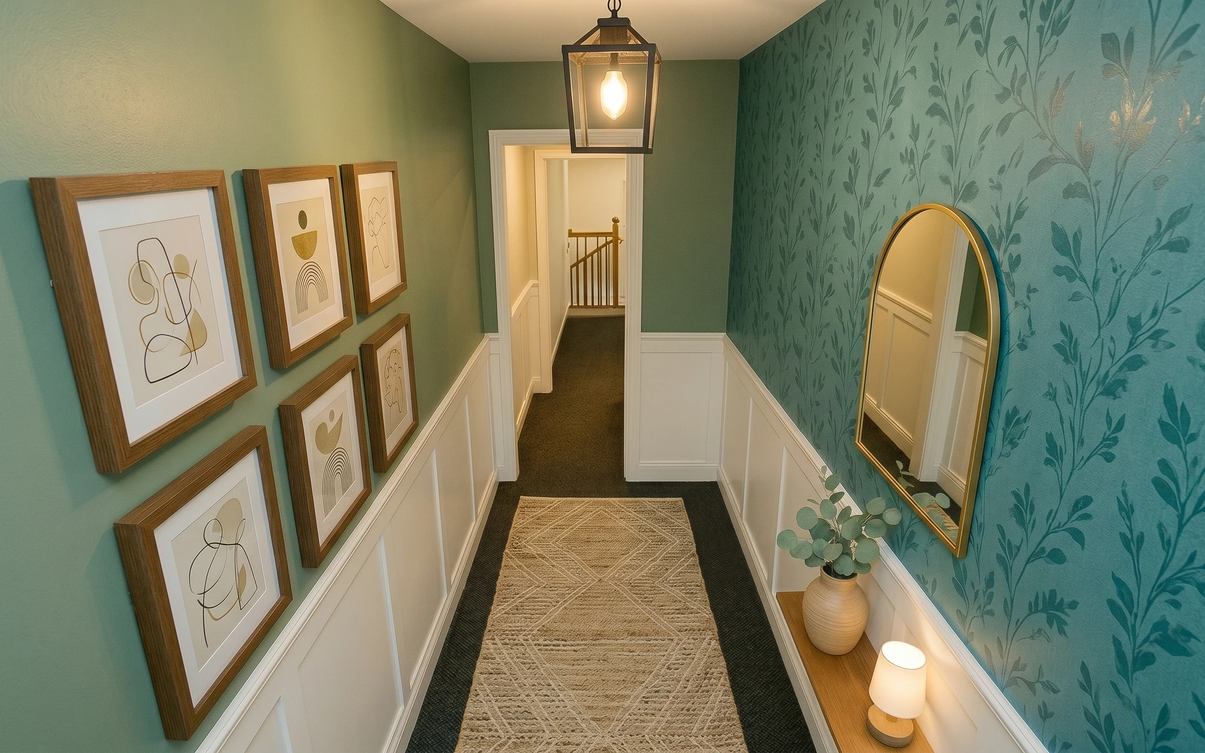 Narrow hallway with green botanical wallpaper, white wainscoting, framed abstract art, an oval mirror, and a beige runner rug