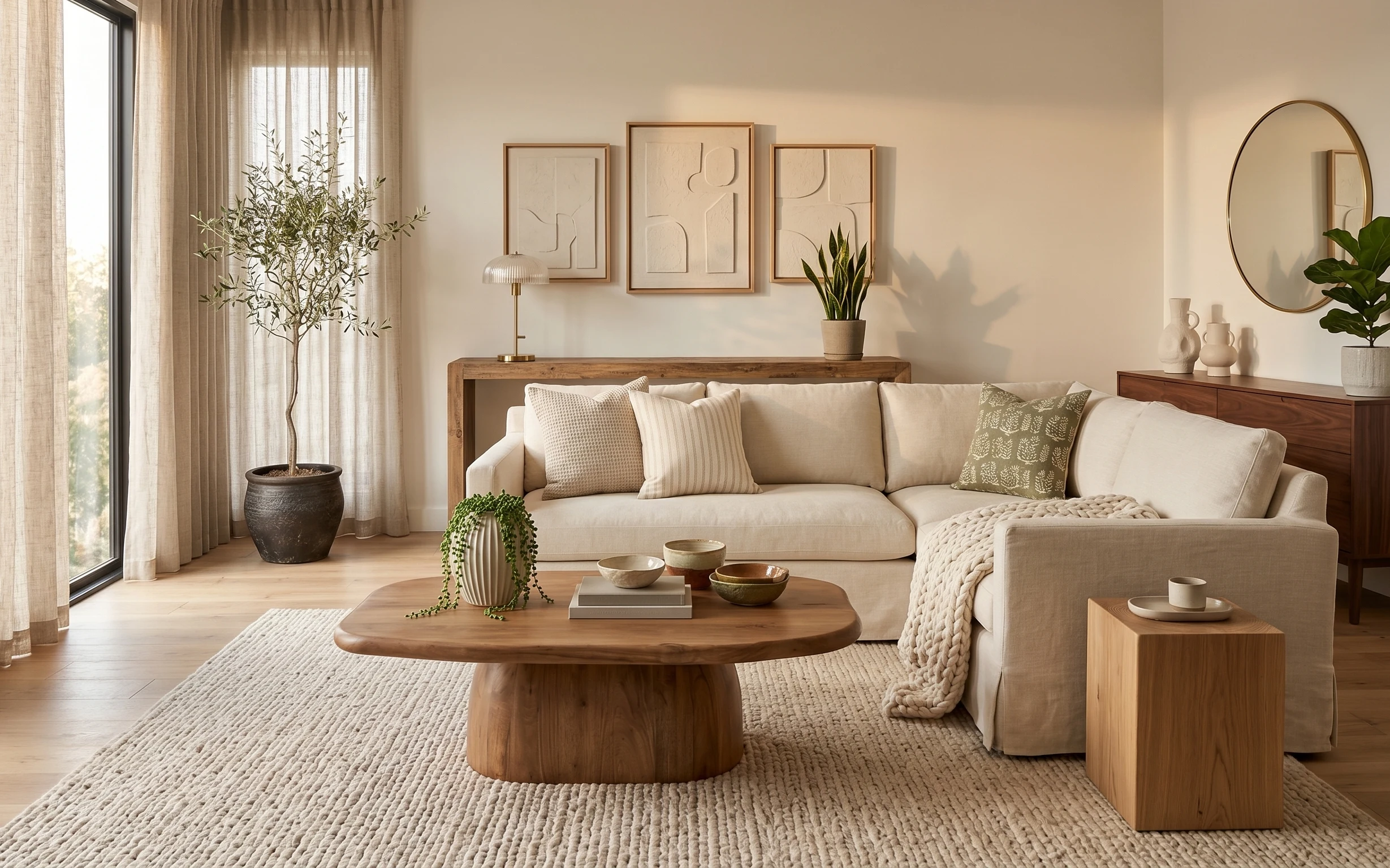 Sofa corner with cream rug, long curtain panels, three framed abstract prints, arched mirror, and a wood coffee table