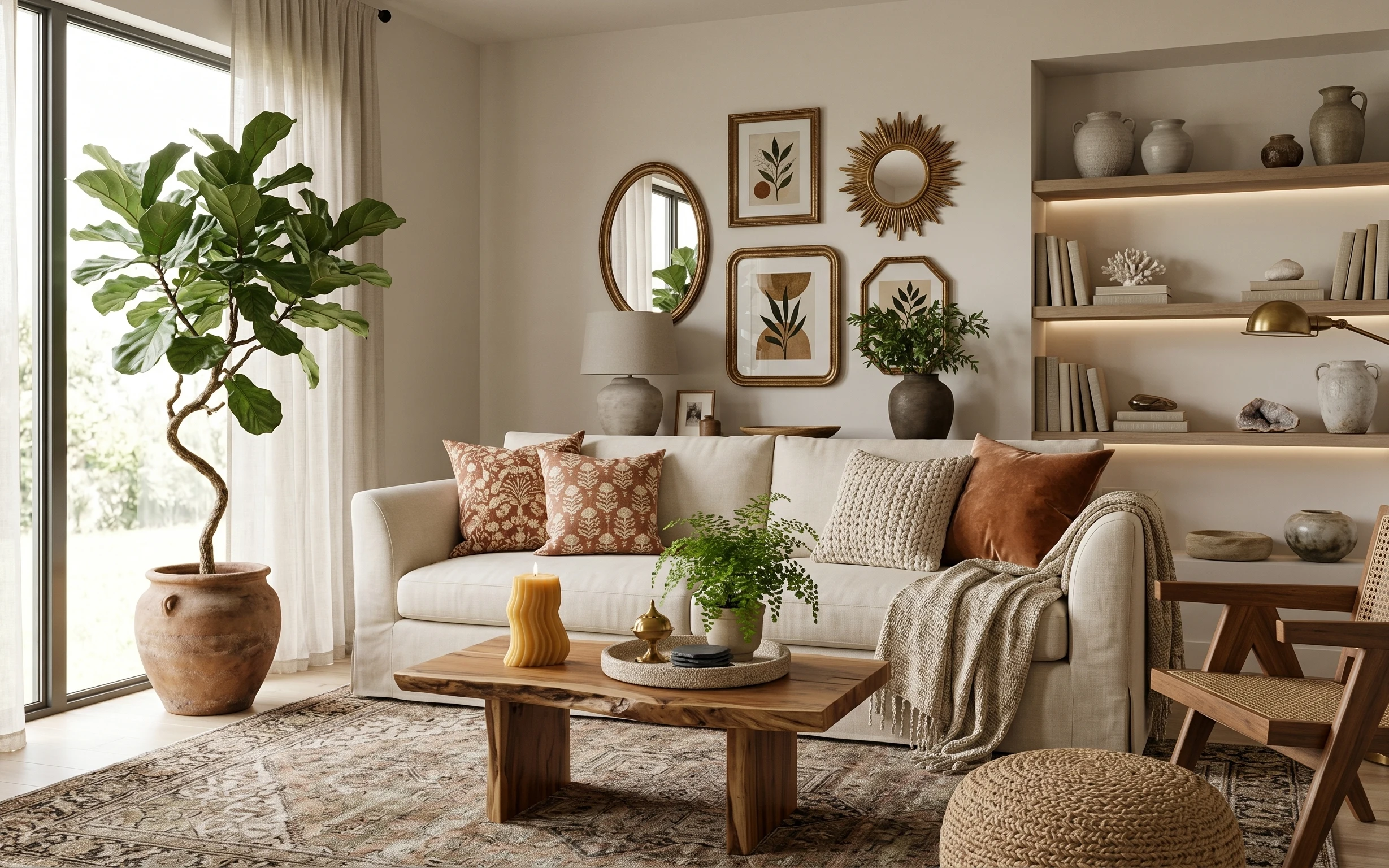 Cream sofa with pillows, wood coffee table, brass swing-arm lamp, botanical wall art, and terracotta plant in a bright living room