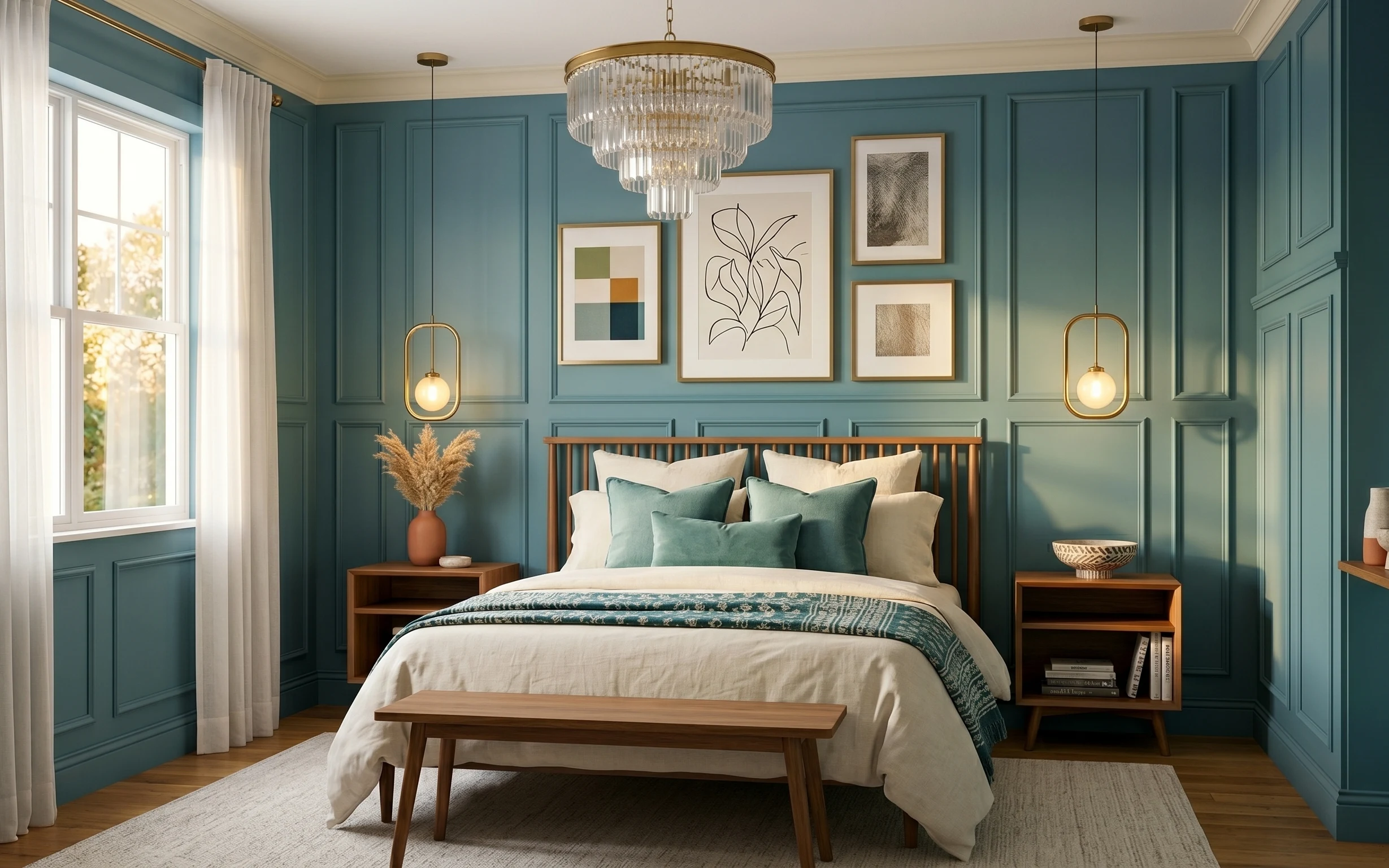 Teal paneled bedroom with wood bed frame, cream curtains, blue throw, gold globe wall sconces, and framed botanical prints