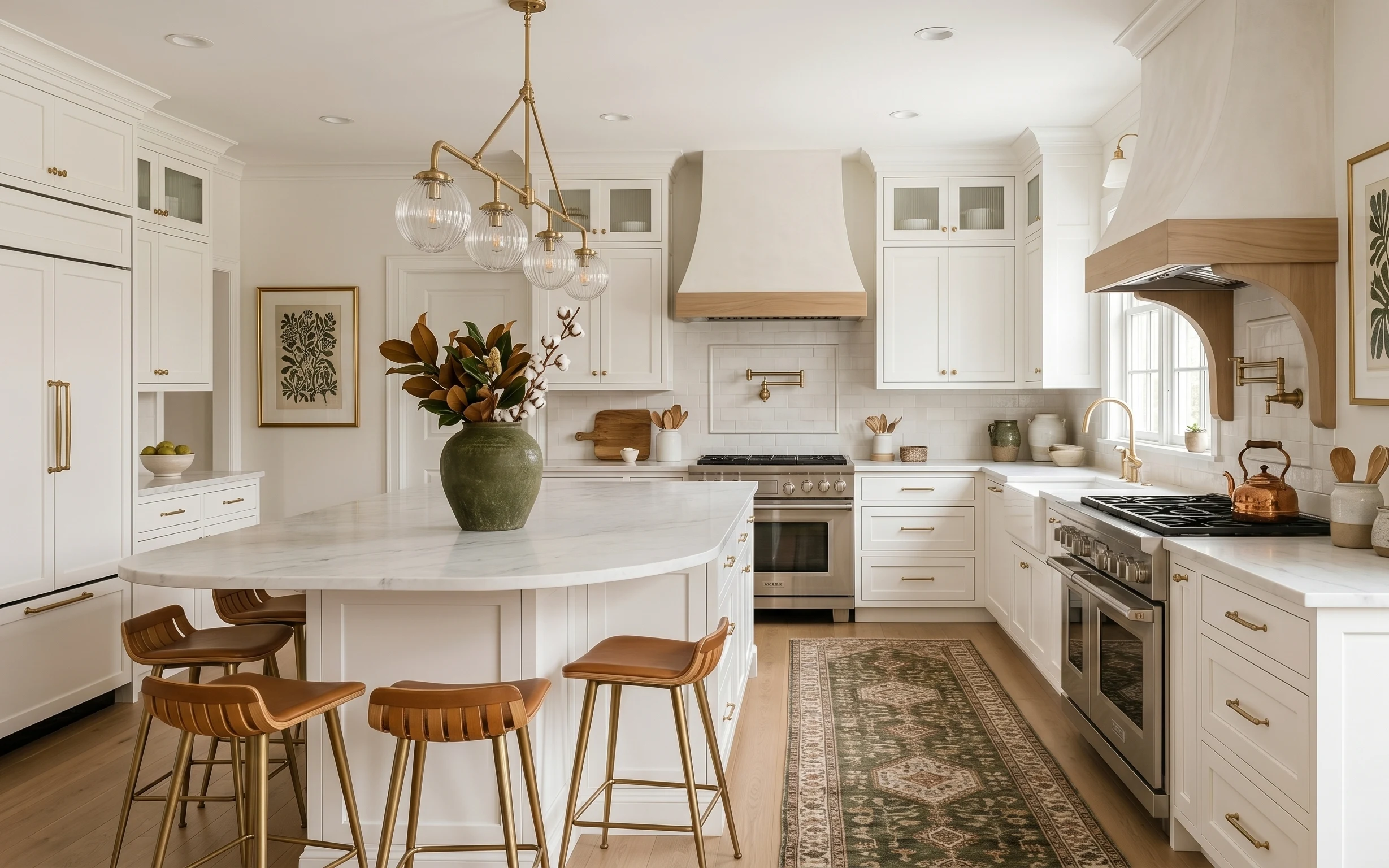Bright kitchen with white cabinets, green patterned rug, brass globe chandelier, bar stools, and framed botanical wall art