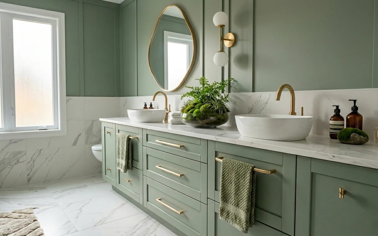 Sage-green double bathroom vanity with brass hardware, oval mirror, wall sconce, marble-look tile, plants, and a rug