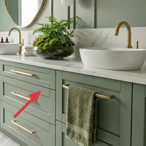 bathroom vanity with brass hardware