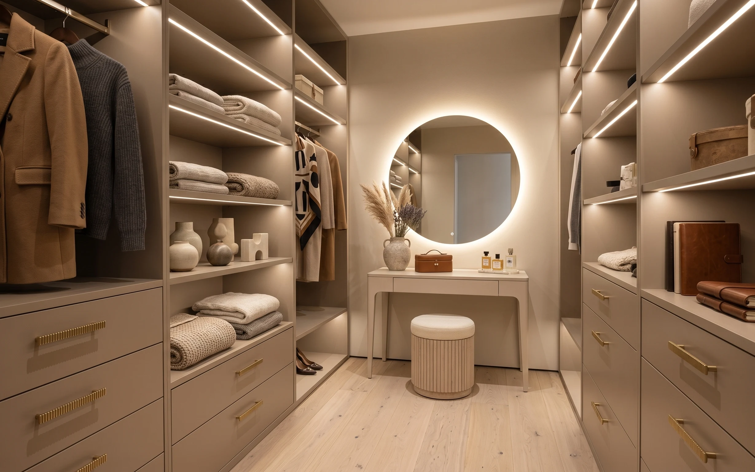 Warm japandi small dressing nook with round mirror, vanity tray, ceramic vase, dried pampas, and folded towels