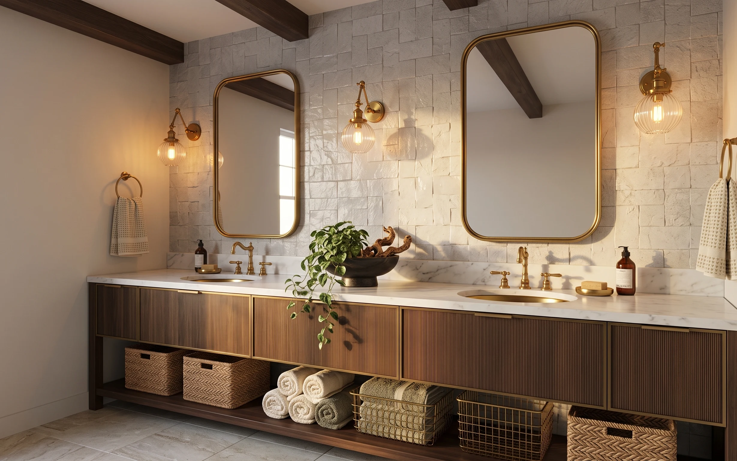 Warm brass double-mirror vanity with gold accents, green plant, soap bottles, towels, and woven baskets in a stone-tile bathroom