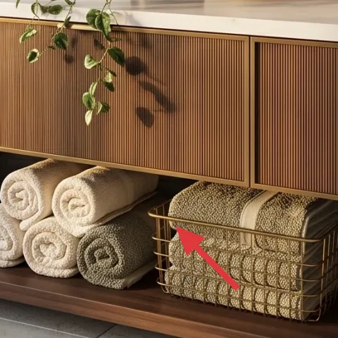 Folded beige towels on floor