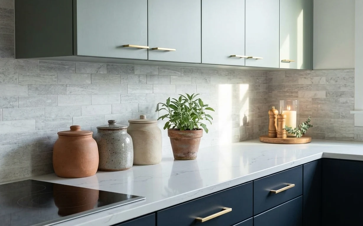 Kitchen counter with gray tile backsplash, marble countertop, terracotta plant pot, canisters, tray, and candle