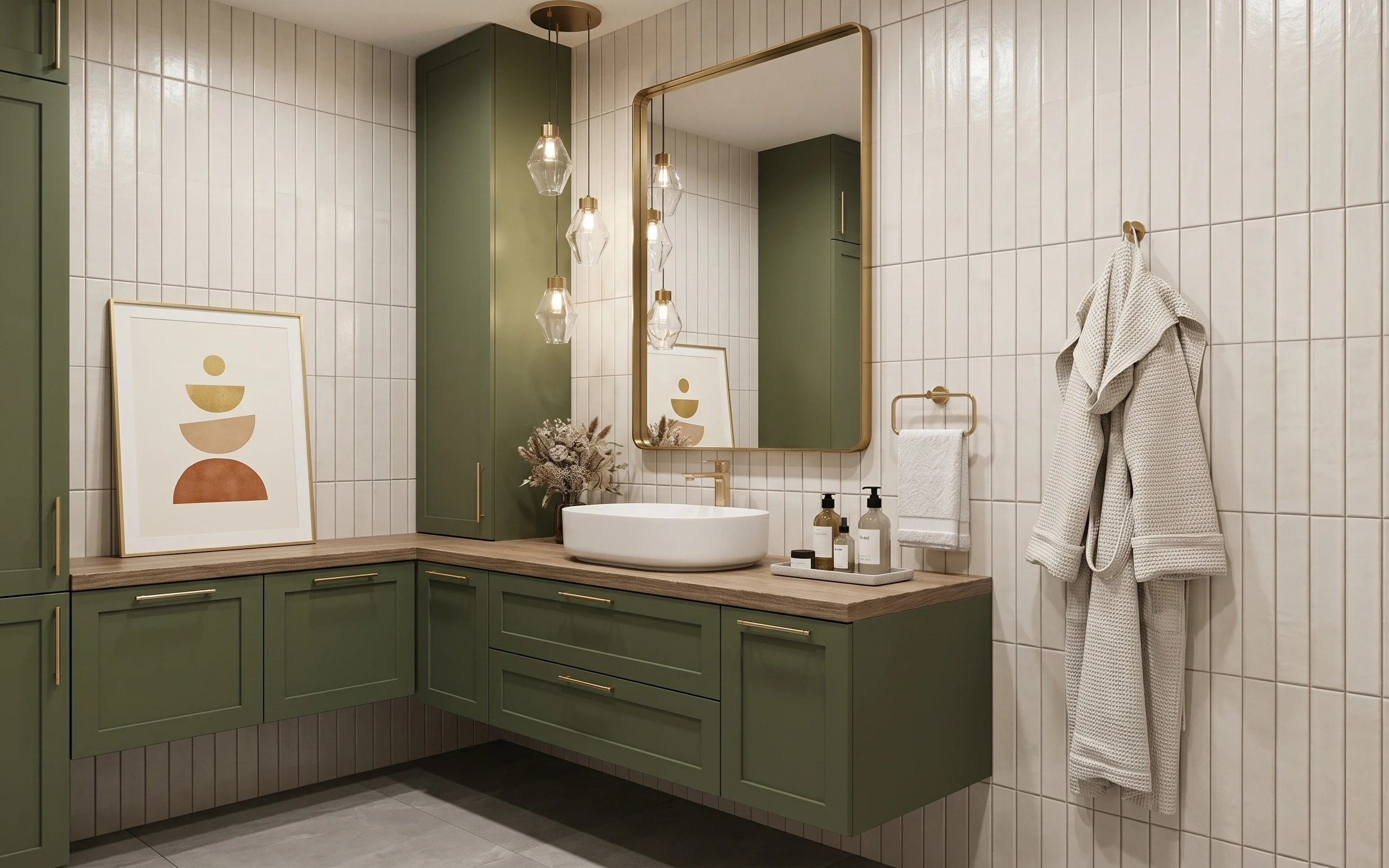 Spa-green bathroom vanity wall with arched mirror, framed abstract art, warm glass pendant lights, towels and robe