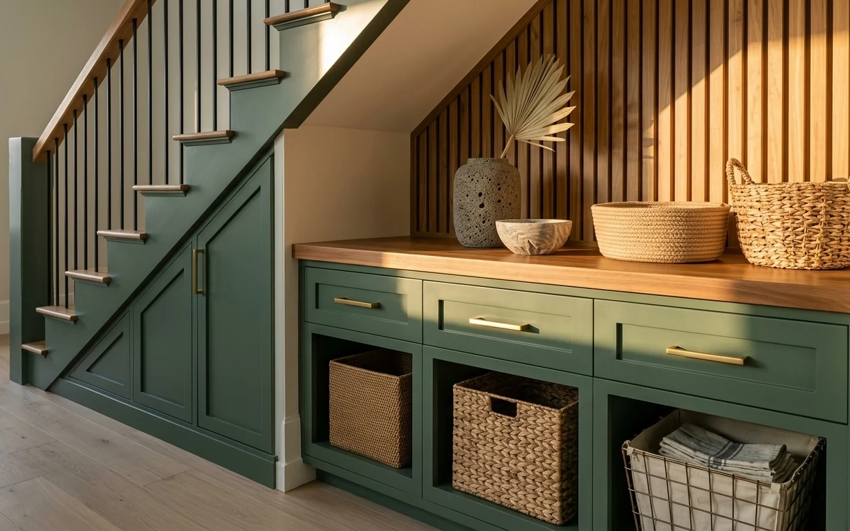 Sage green stair-side console with woven baskets and a speckled stoneware vase holding palm fronds