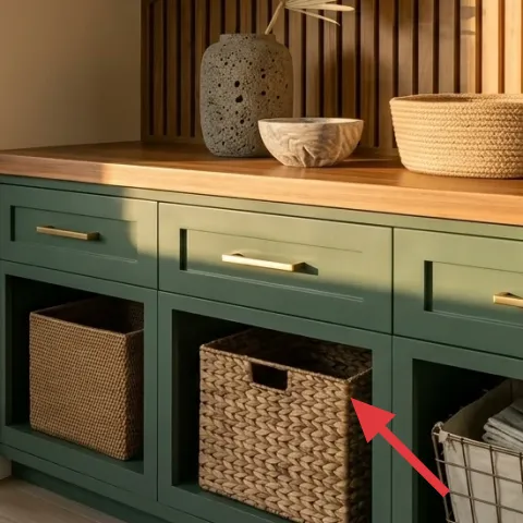 Woven storage basket inside the console