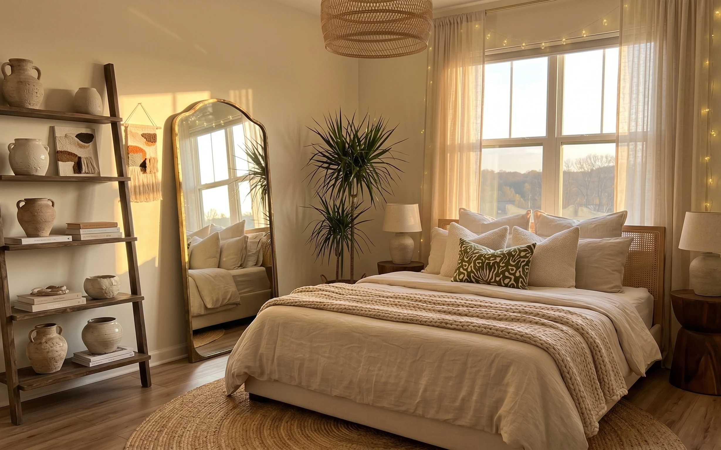Boho bedroom with beige rug, white bedding, arched mirror, sheer curtains, string lights, table lamps, and a tall potted plant