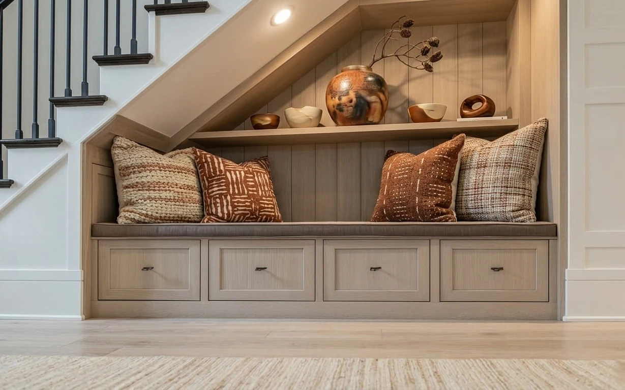 Boho daybed nook with layered throw pillows, textured rug edge, copper vase and dried branches on built-in shelf
