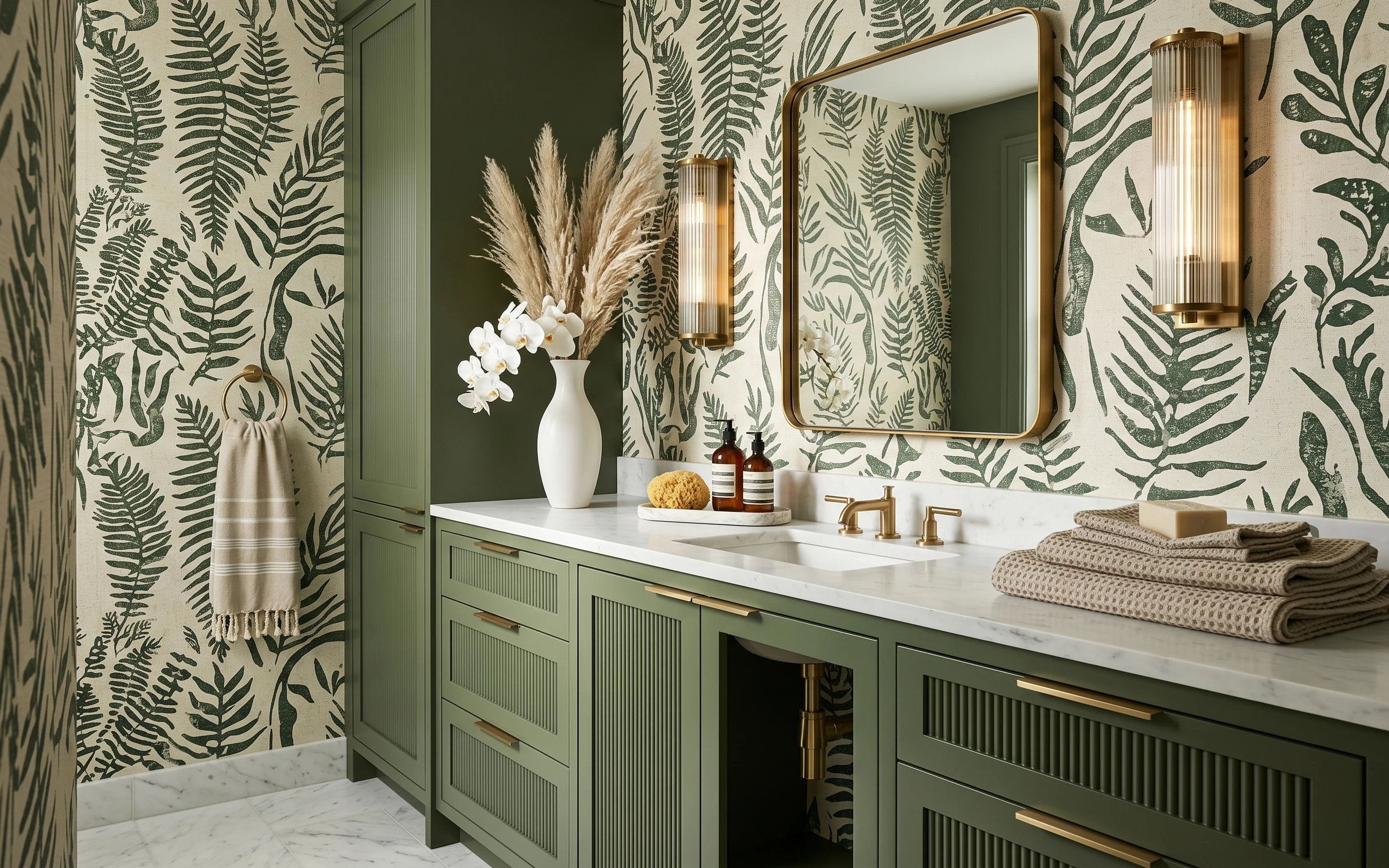 Botanical green bathroom with white countertop, gold-framed mirror, folded beige towels, and white orchid vase