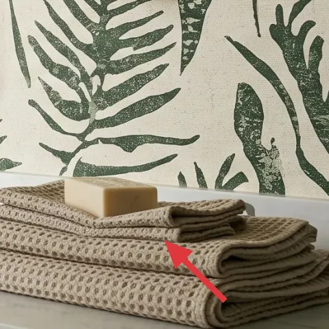 Folded beige towels on countertop