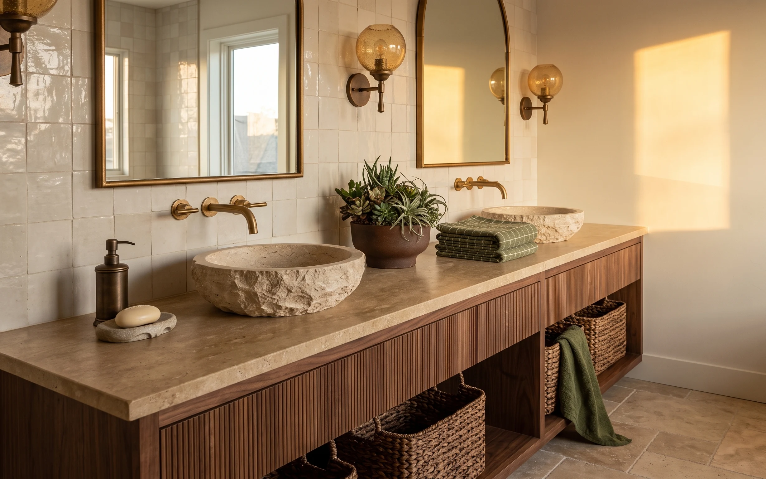 Warm brass-framed mirror over a stone bathroom vanity with olive towels, succulents in a ceramic planter, and woven baskets
