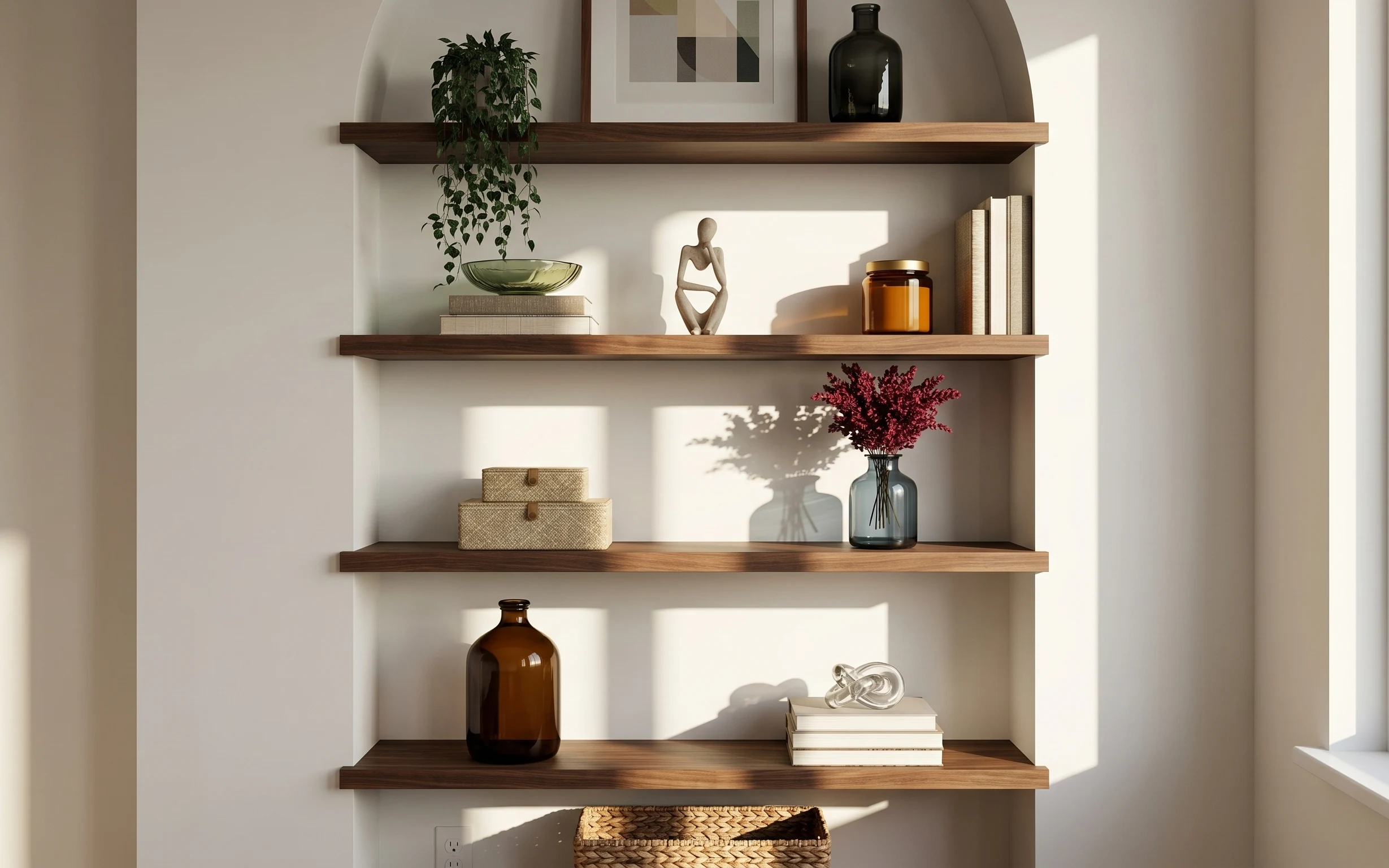 Warm wood floating shelves styled with green plant, glass bowl, amber jar, red flowers, books, and framed art