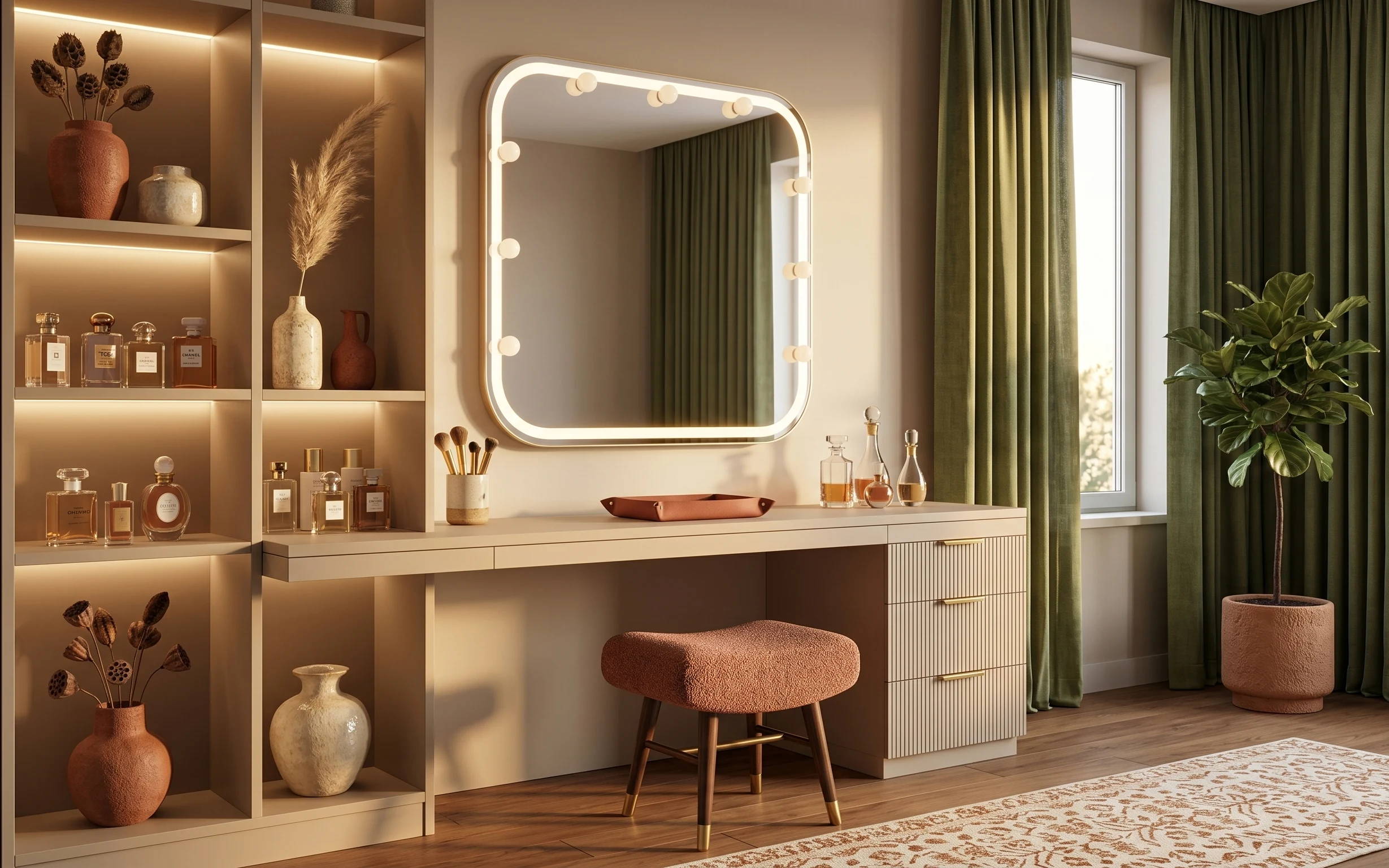 Warm bathroom vanity nook with glowing bulb mirror, olive curtains, terracotta decor, and a patterned rug