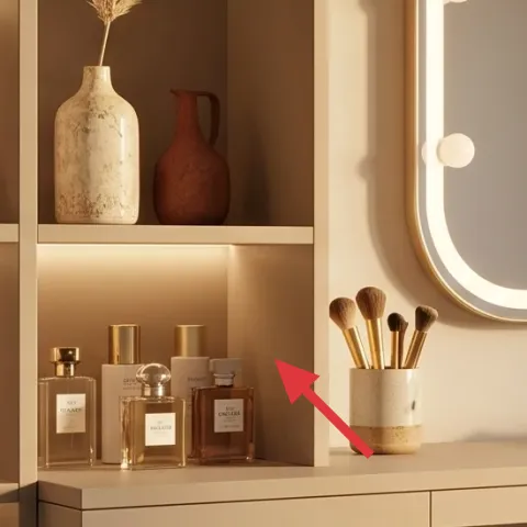glass perfume bottle set on shelf