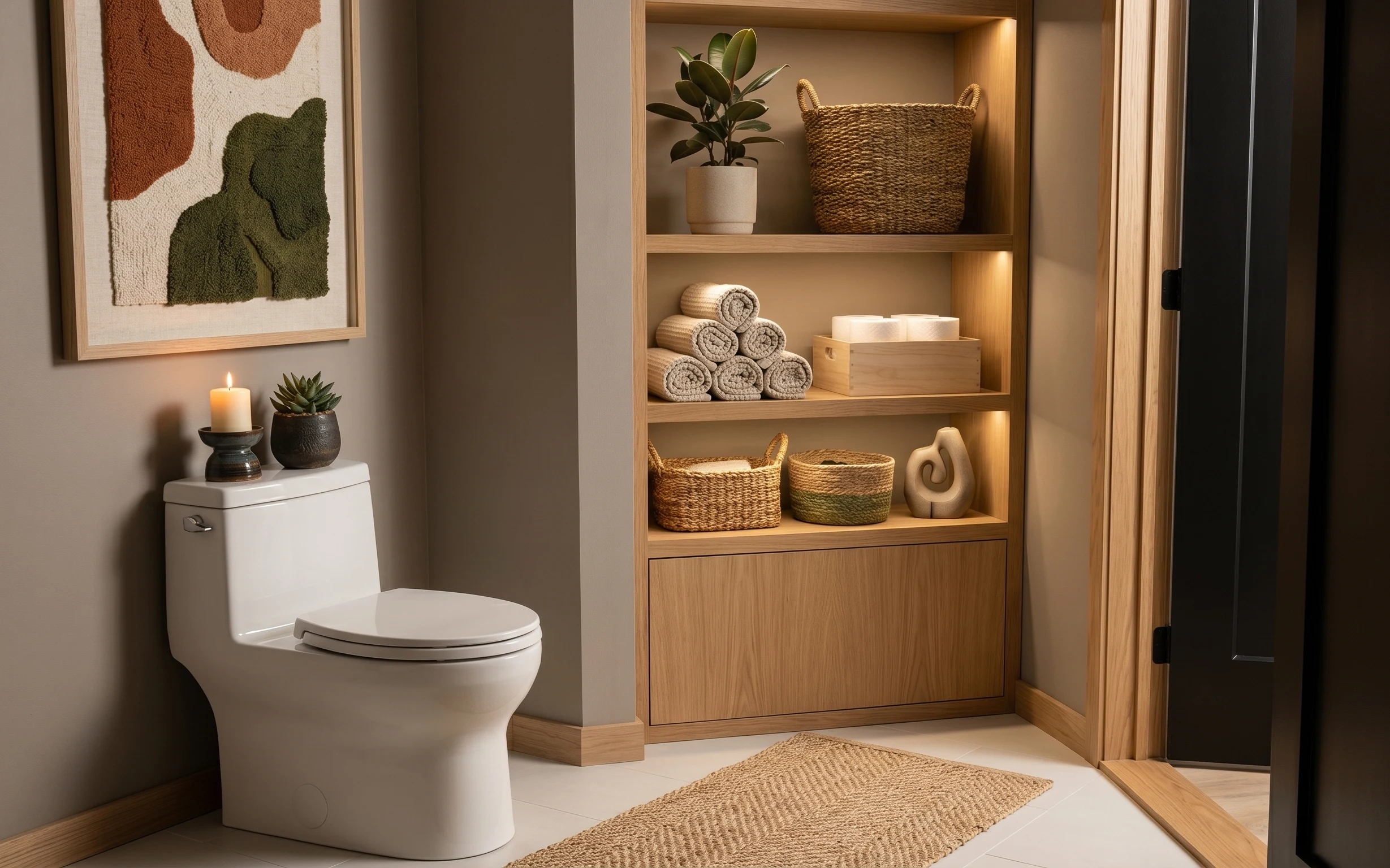 Bathroom cabinet nook styled with a beige bath rug, framed abstract art, candle, succulent in white pot, and woven baskets