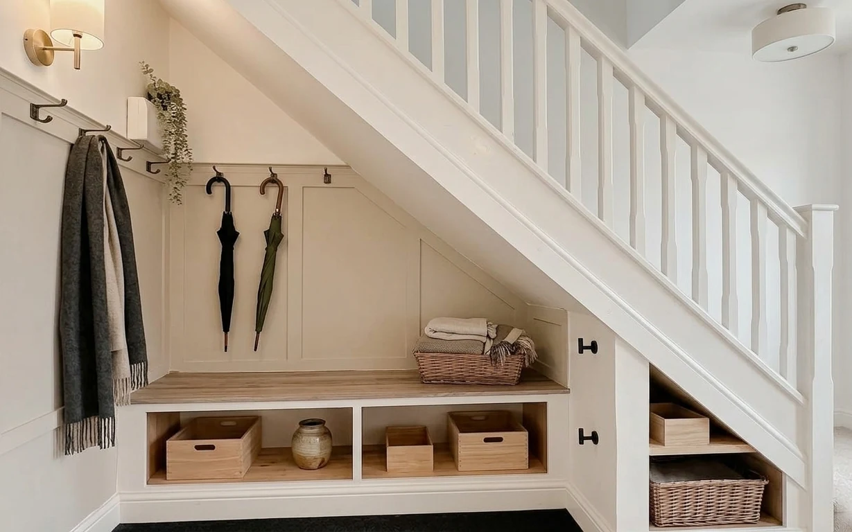 Under-stair entry nook with black coat hooks, umbrellas, folded throw, wood cubby crates, wicker baskets, and greenery garland
