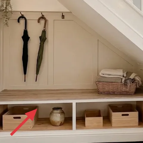 wood storage crate in a left cubby