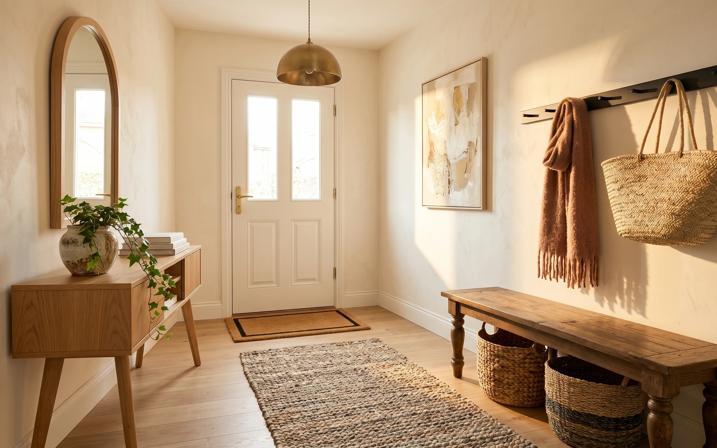 Warm entryway bench nook with arched mirror, layered rugs, brass pendant, and woven baskets