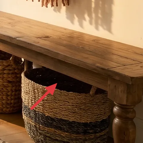 woven storage basket on the bench