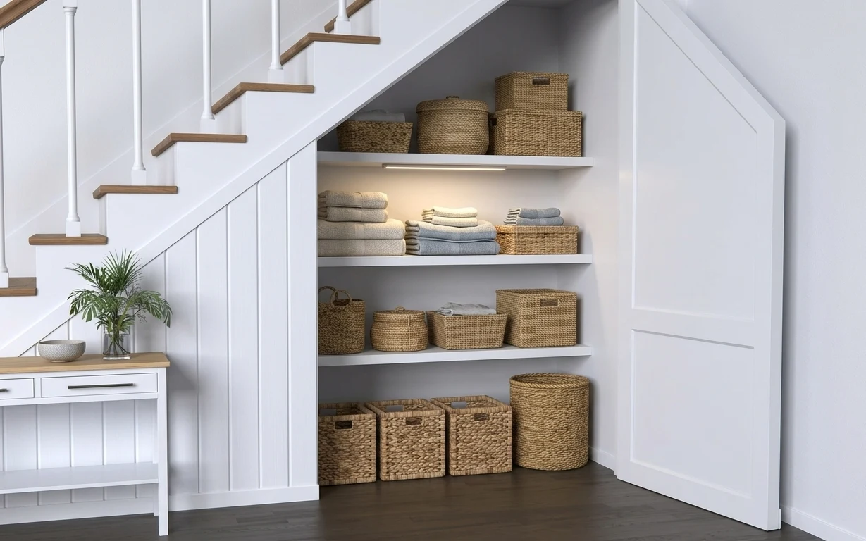 Warm-neutral built-in shelves with woven baskets, folded gray throws, palm plant in white pot, and linear LED lighting