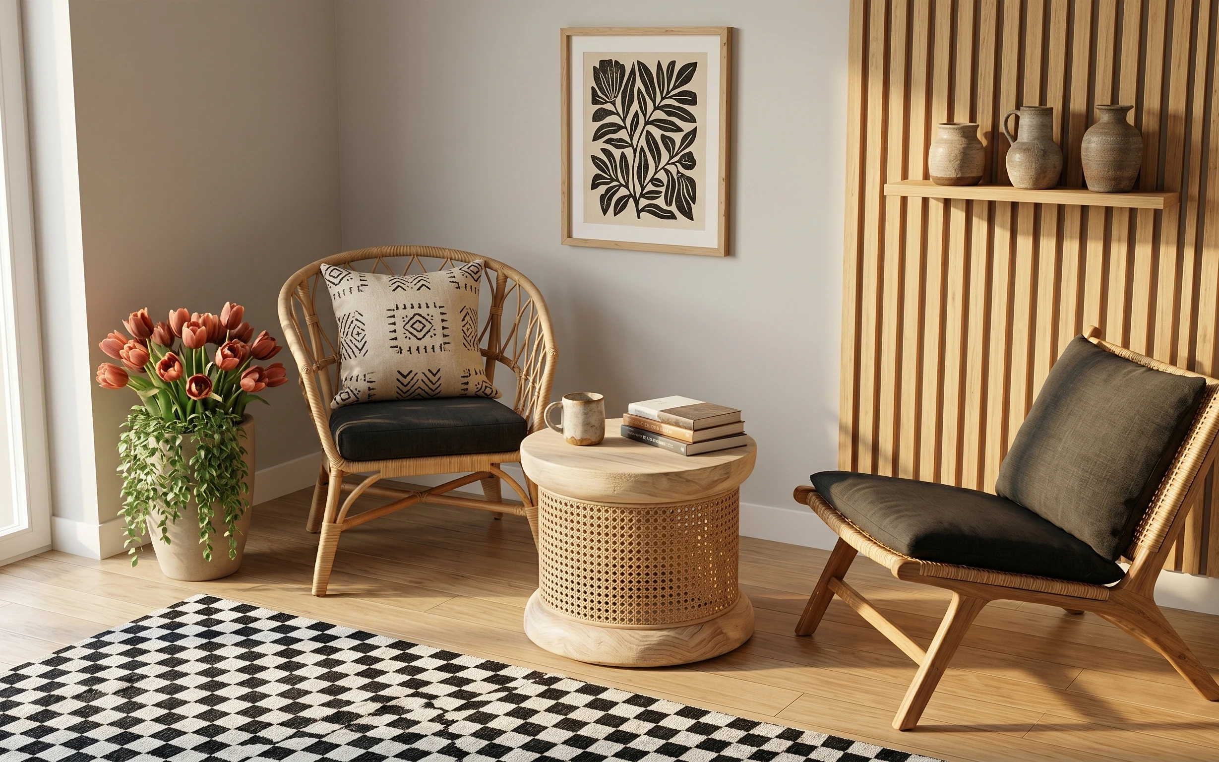 Wicker seating corner with two chairs, round coffee table, checkered rug, framed botanical print, and tulips in a cream planter