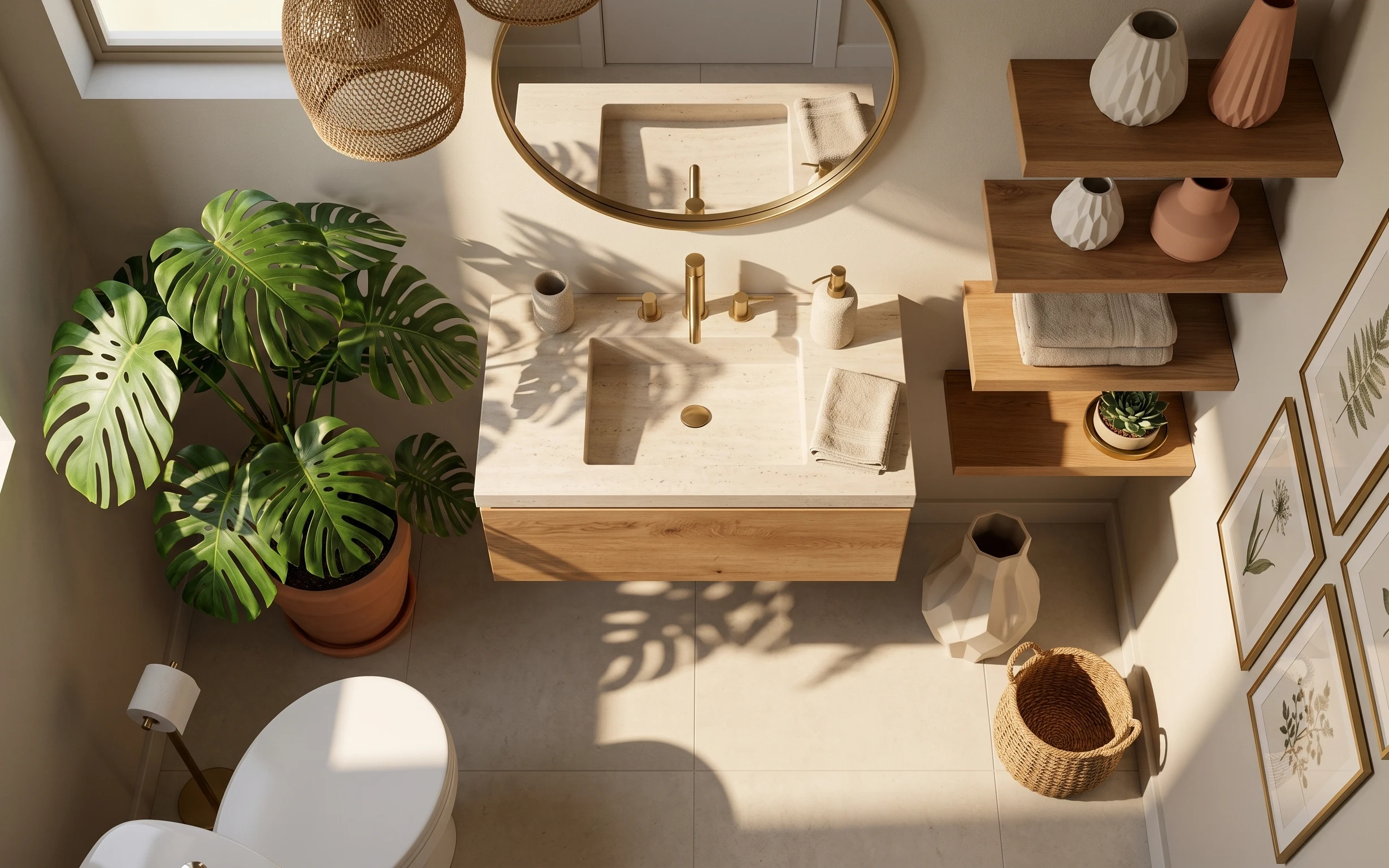 Bathroom vanity nook with round brass mirror, monstera in terracotta pot, white towels on shelves, and framed botanical prints