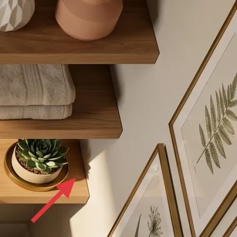 layered shelf styling on wood shelves