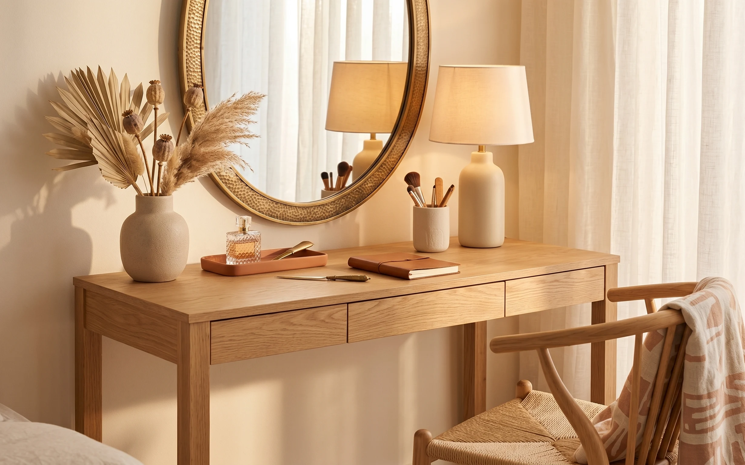 Warm beige console table styled with arched round mirror, brass lamp, dried stems, tray, and sheer curtains