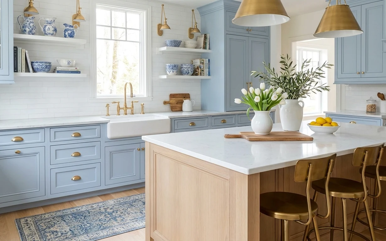 Bright kitchen island with brass pendants, blue patterned rug, white tulips in a vase, lemons, and a cutting board