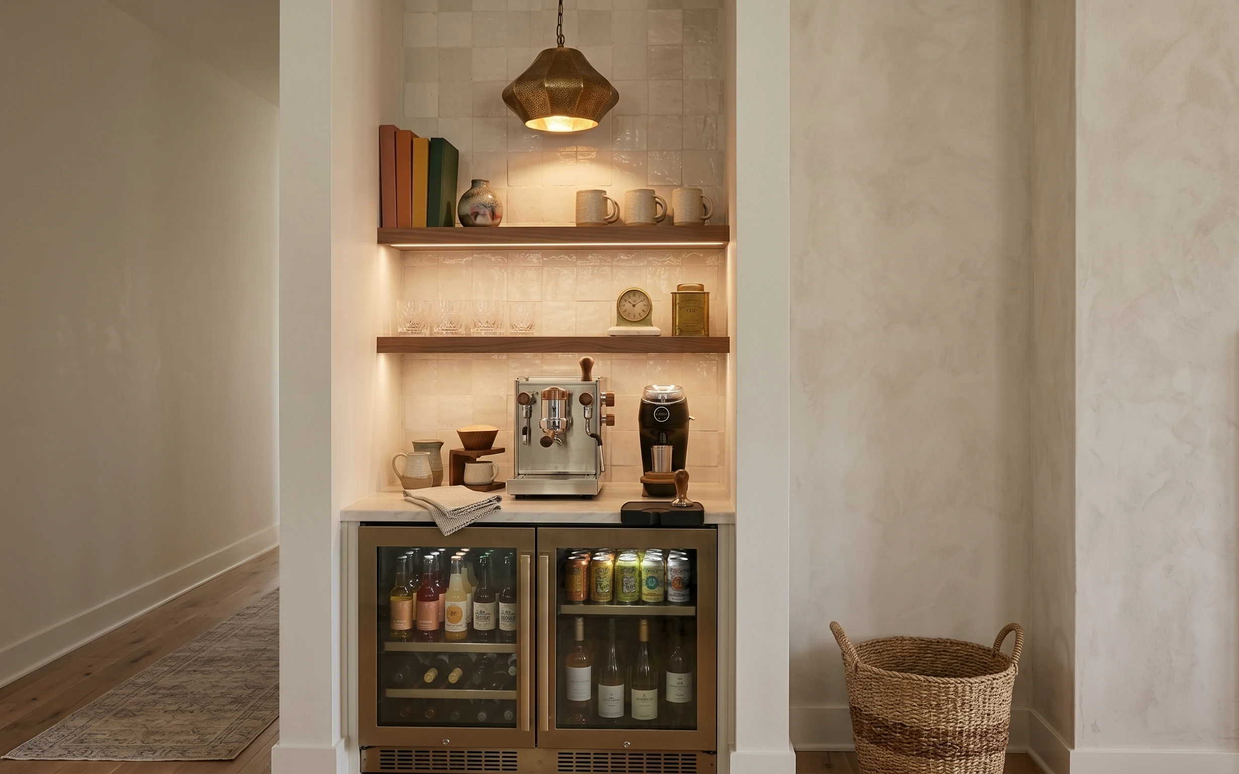 Warm brass coffee bar nook with pendant light, espresso machine, tiled shelf niches, rug, and wicker basket