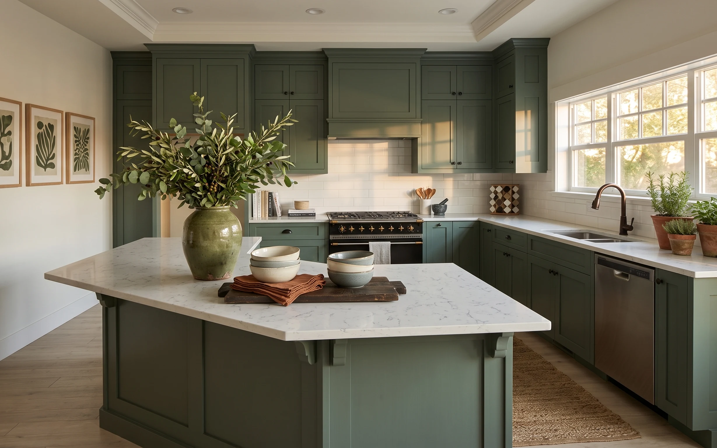 Sage green kitchen with white marble island, window planters, leafy vase, framed botanical prints, and terracotta towels