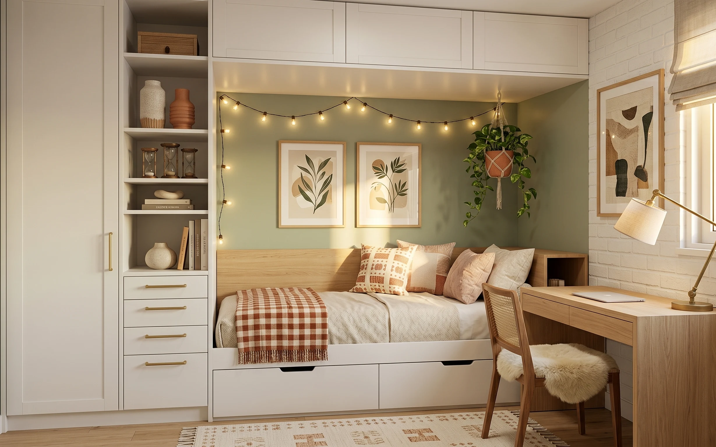 Daybed nook in a bedroom alcove with framed botanical prints, string lights, plaid throw, rug, and a hanging plant