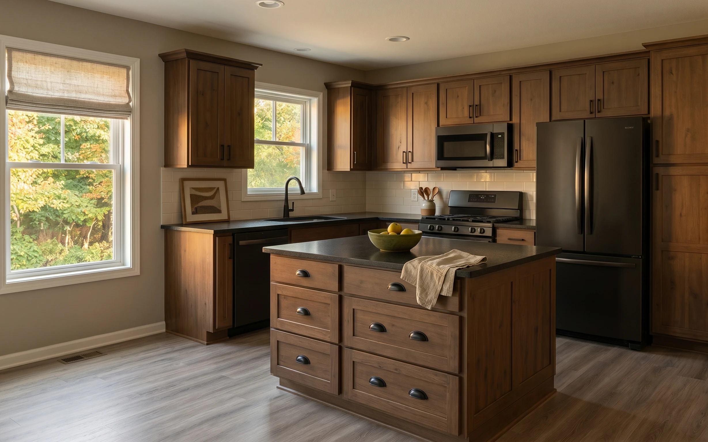 Warm wood kitchen with island, framed art between windows, tiled backsplash, and a bowl of lemons on the counter.