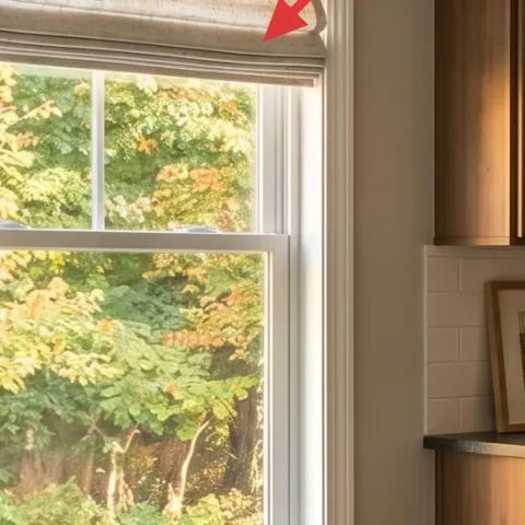 window shade on left window (linen-style cover)
