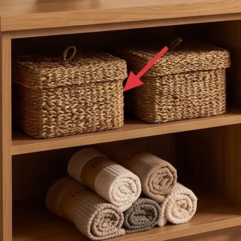 woven storage baskets in vanity shelves