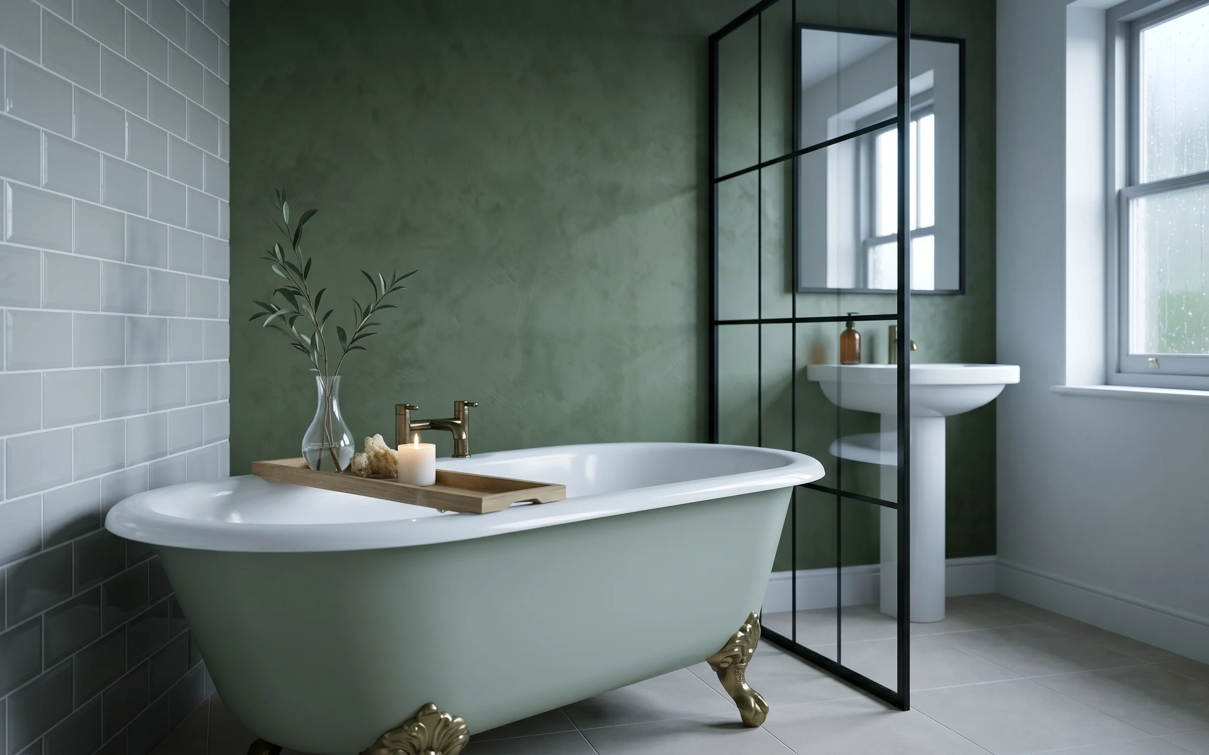 Sage green bathroom with gray subway tile, clawfoot bathtub, black-framed mirror, tray styling with vase and candle