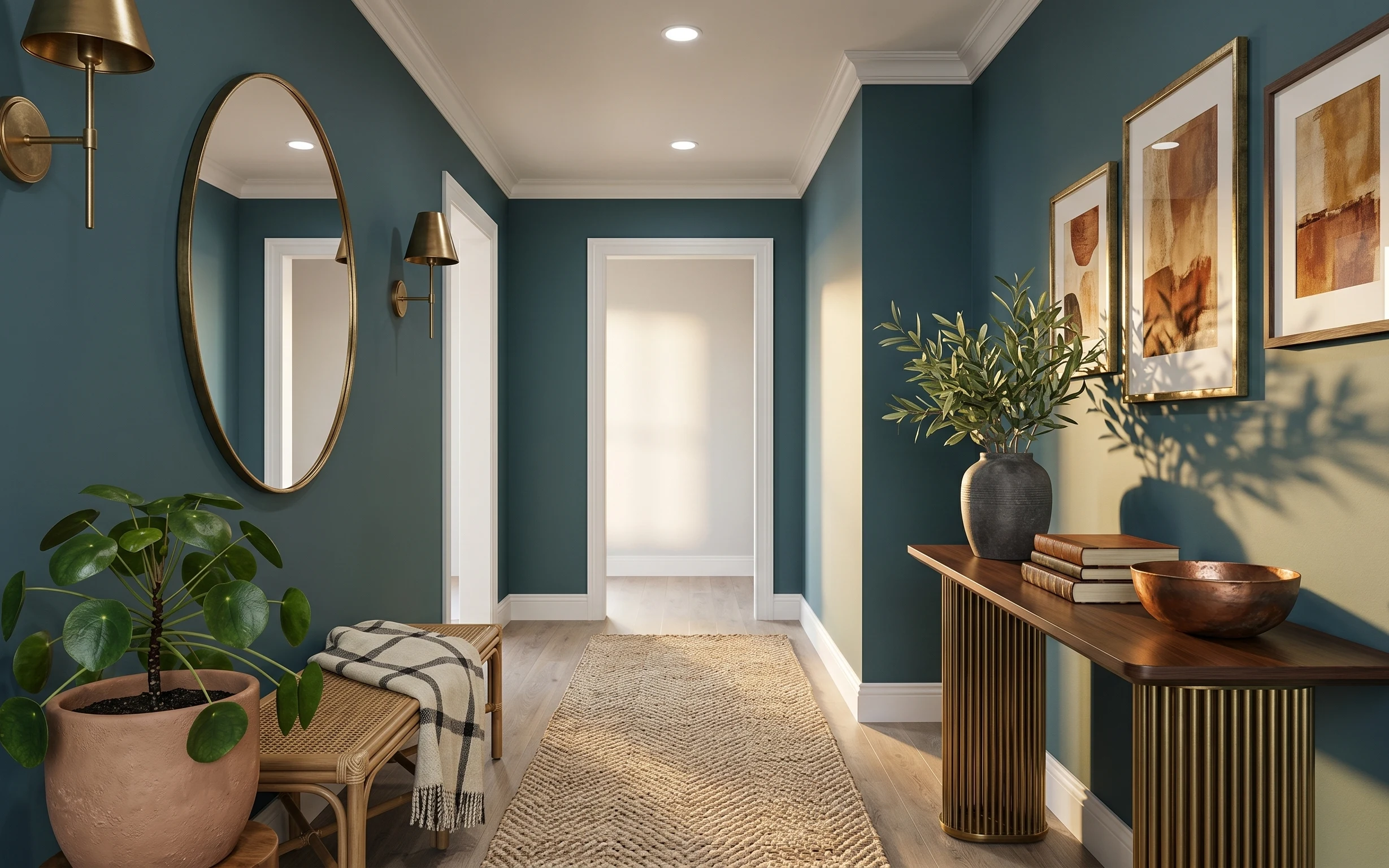 Teal entry hallway with gold arched mirror, woven runner rug, striped console table, and ceramics with plants
