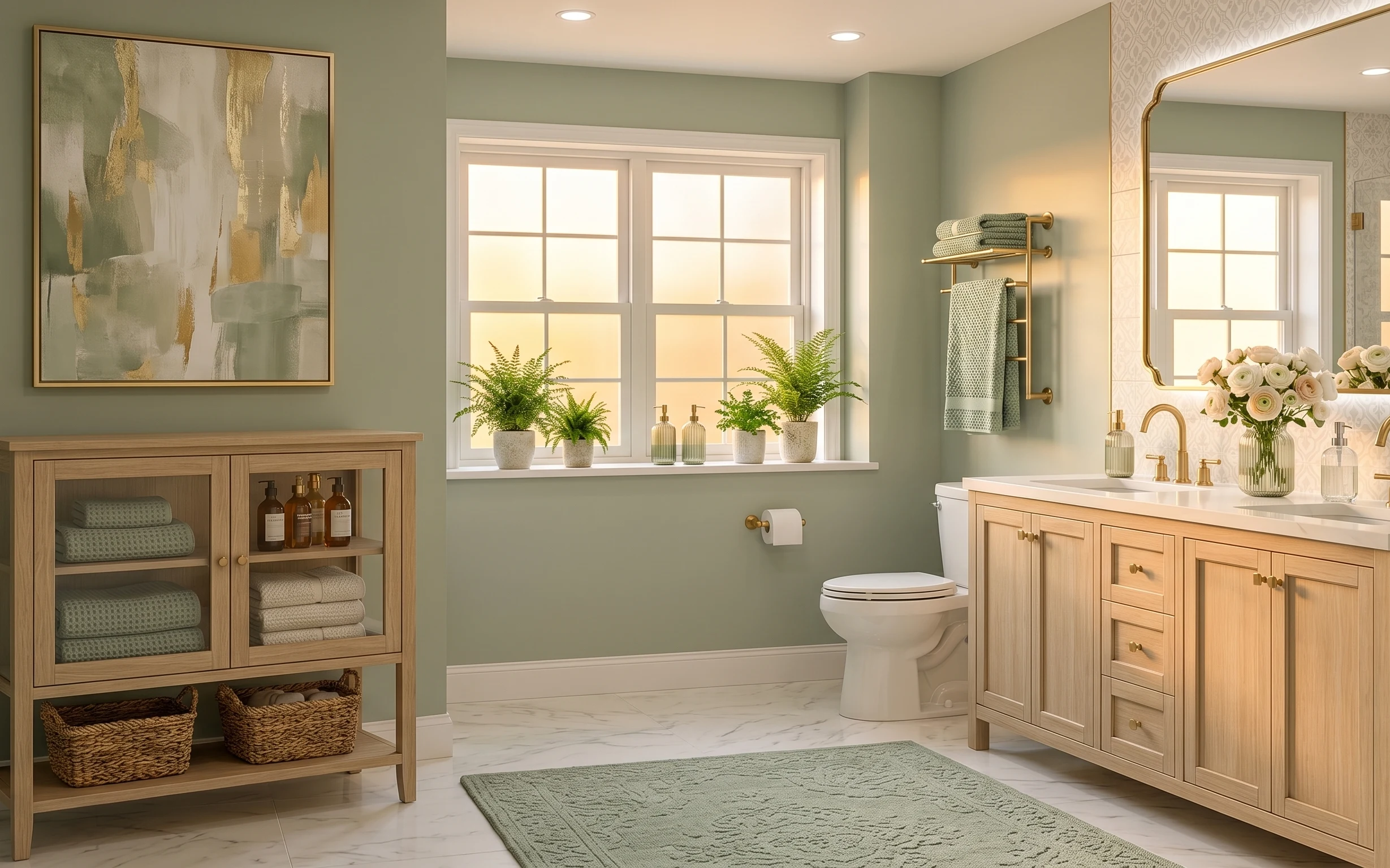Renter-friendly bathroom styling with sage rug, framed art, gold mirror, window ferns, and counter flowers
