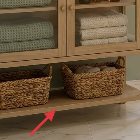 woven storage baskets on cabinet shelf