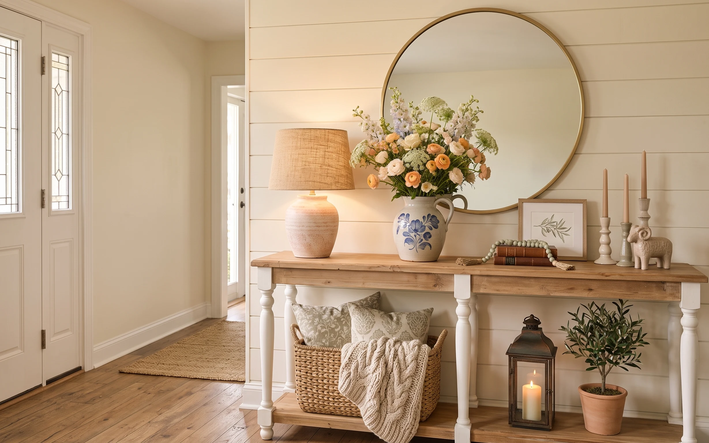 Console nook styling with a gold round mirror, beige lamp, cream rug, knit throw, and lantern candle holder