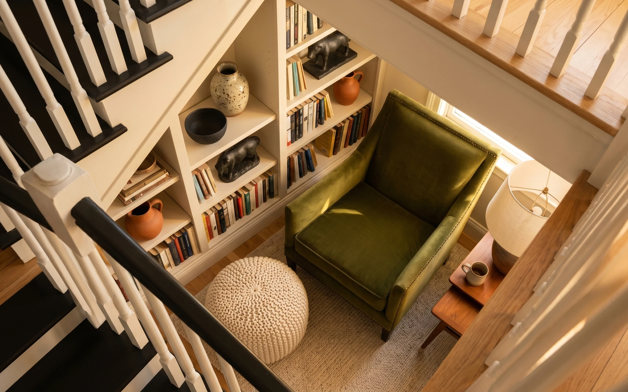 Small green reading corner with olive loveseat, knit ottoman, textured rug, shelves with vases, and a white-shaded floor lamp.