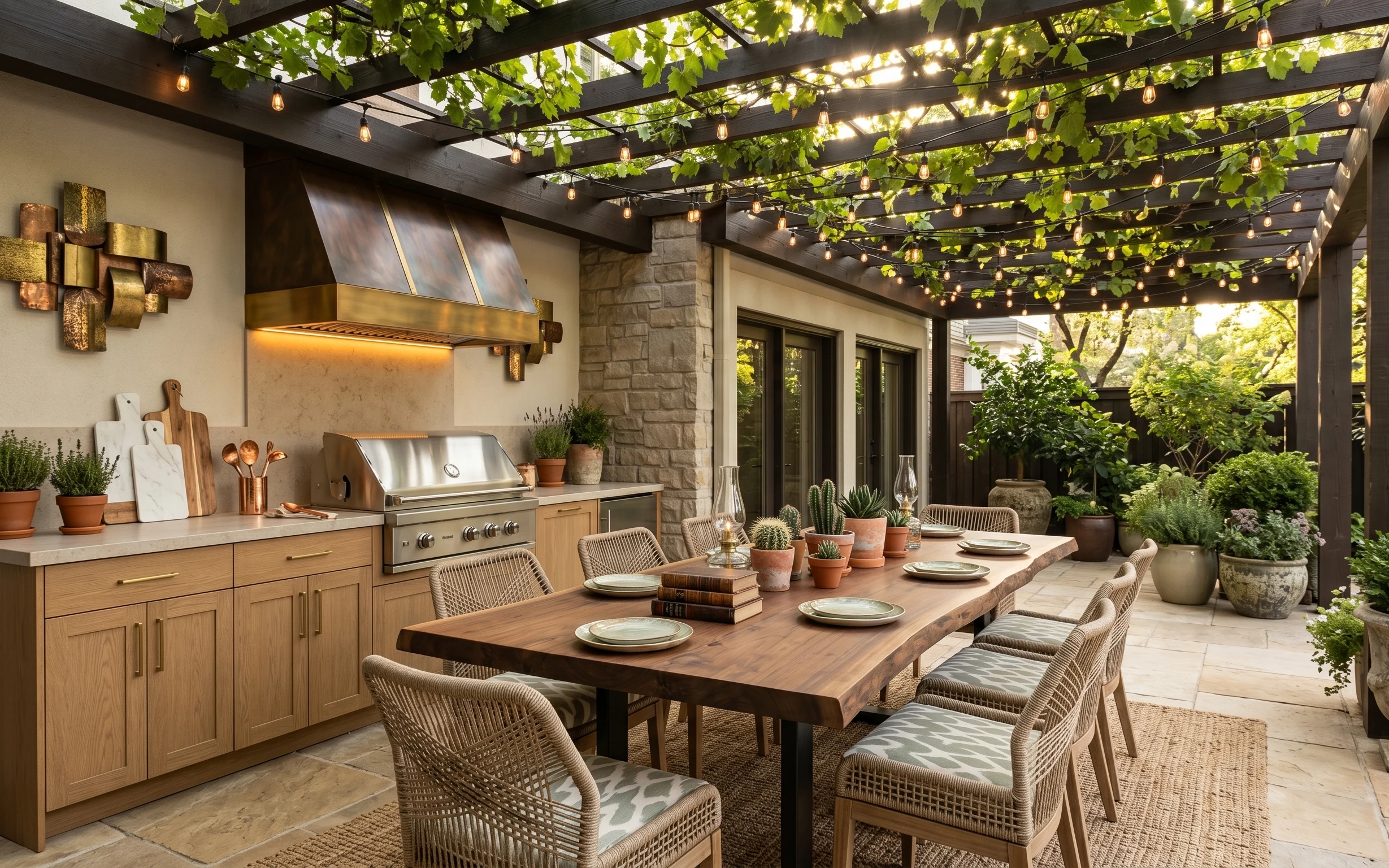 Golden string lights, terracotta planters, woven rug, and a copper utensil holder beside an outdoor dining table and grill wall.