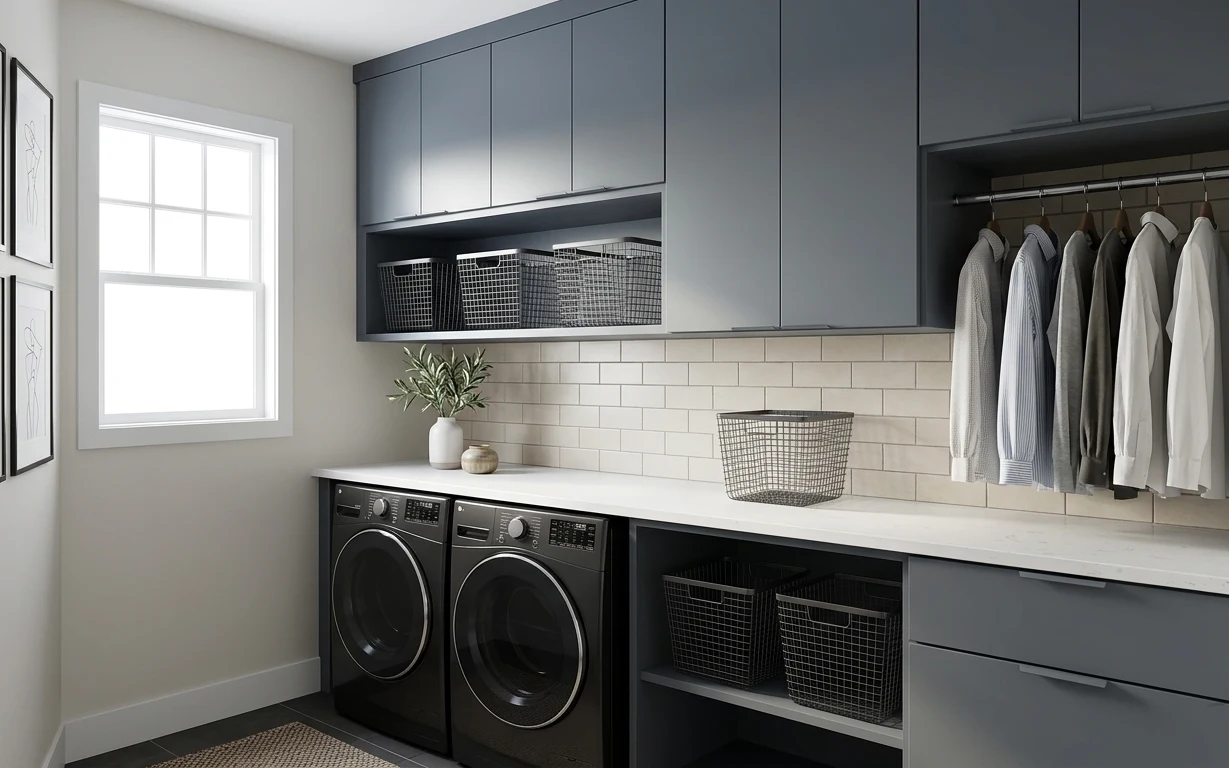 Modern laundry nook with gray cabinets, white tile backsplash, wire baskets, and framed line-art prints by a window