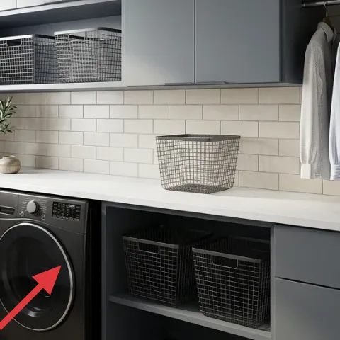 wire storage basket on left lower shelf